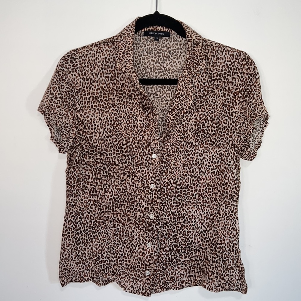 Olivaceous: buttoned up short sleeved leopard print shirt